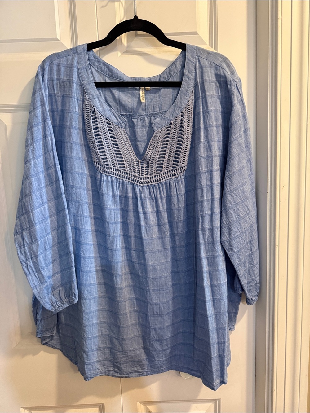 grand & greene Light Blue Crochet-Yoke Tunic Top